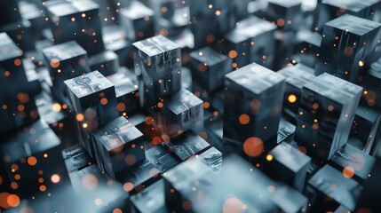 Abstract 3D rendering of a city made of cubes. The cubes are arranged in a grid-like pattern and...