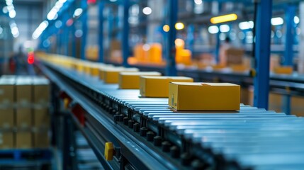 Automated conveyor belt with packages in distribution warehouse