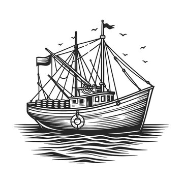 recommend clip art: fishing boat ship trawler at sea, complete with rigging and nets, evoking the maritime tradition sketch engraving generative ai raster illustration. Scratch board imitation. Black and white image.