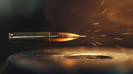Close-up of a bullet in motion flying in the air with sparks on a blurred background. Copy space. Victory Day. Revolver Day - obrazy, fototapety, plakaty