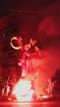 Burning a figure on the last day of the Las Fallas festival. La Crema. Valencia, Spain - March 19, 2024.