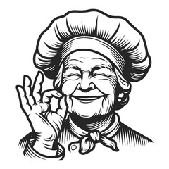 joyful elderly chef woman smiling and giving a perfect taste approval sign with her hand sketch engraving generative ai fictional character raster illustration. Black and white image.