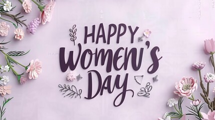 Lettering Happy Women's Day, two color background white and light purple, copy and free text space, 16:9