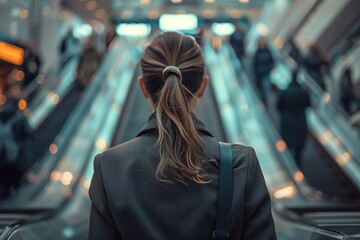 businesswoman, from the back, wearing a business suit on an escalator crowded with people on her way to work