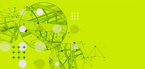 Vector abstract background with a wireframe dynamic pipes, line and particles inside circle. - 766978544