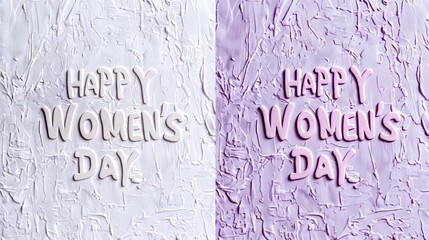 Lettering Happy Women's Day, two color background white and light purple, copy and free text space, 16:9