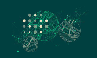 Vector abstract background with a wireframe dynamic pipes, line and particles inside circle.