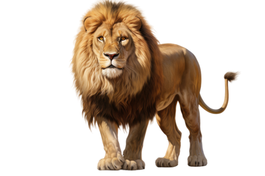 Large Lion Standing Next to White Background. On a Clear PNG or White Background.