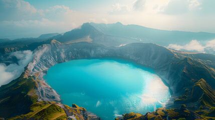 A volcanic crater lake, with turquoise waters as the background, during a caldera formation - obrazy, fototapety, plakaty