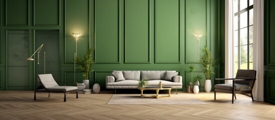 upholstered furniture on the background of a dark green classic wall.