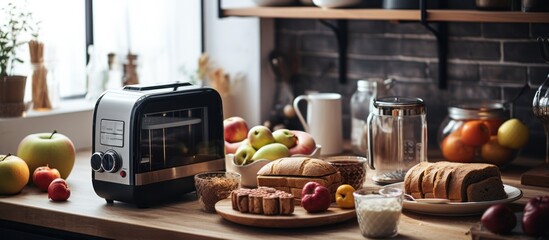 Blender, toaster, multi cooker and apple on wooden table in kitchen - obrazy, fototapety, plakaty