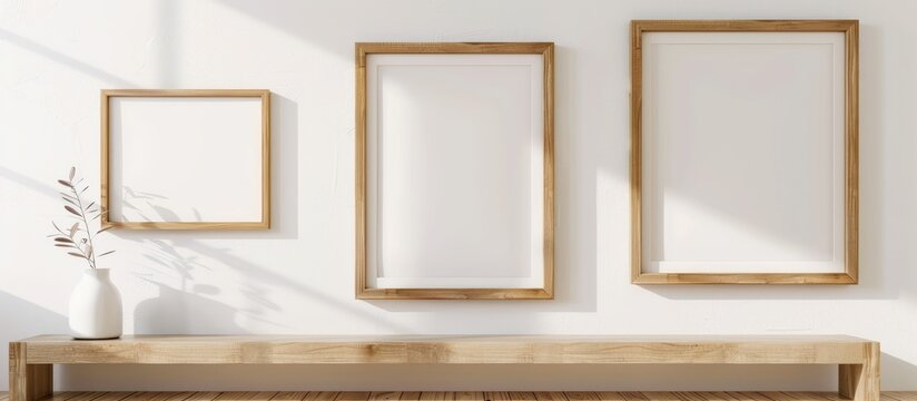 A set of two wooden frames of different sizes on a white wall for displaying posters or text in a clean, modern, and minimal indoor setting with the option to showcase products or text.