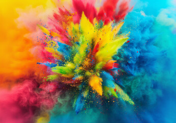 Colorful cloud of Holi powder exploding in vivid display of red, yellow and blue, depicting the festive spirit of the Holi festival of colors