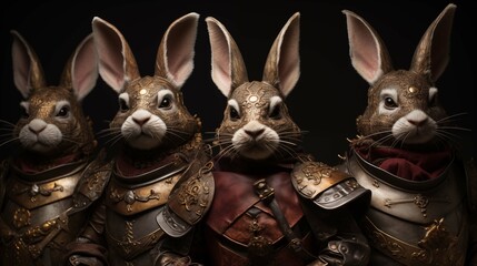 Quartet of knight rabbits in ornate armor ai generated anthropomorphic scene - obrazy, fototapety, plakaty