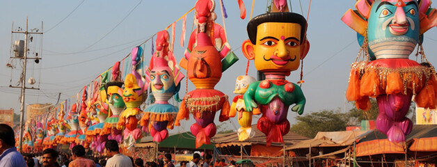 Fototapeta premium wide background banner of Colorful human face mask dummies hanging on streets in Hindu cultural event Dussehra festival