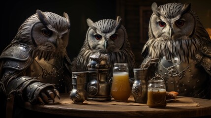 Three owls in medieval armor at table ai generated anthropomorphic scene