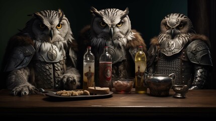 Trio owls in knight armor ai generated anthropomorphic scene - obrazy, fototapety, plakaty