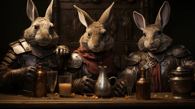 Armored rabbits camaraderie over drinks ai generated anthropomorphic scene