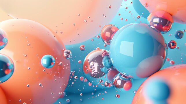 3D rendering of a colorful abstract background with floating spheres. The spheres are of different sizes and colors, and they are all transparent.