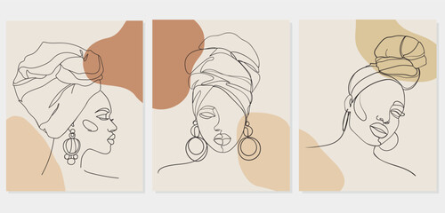Set of Line art portrait African American women. Portrait of a woman. - Vector illustration