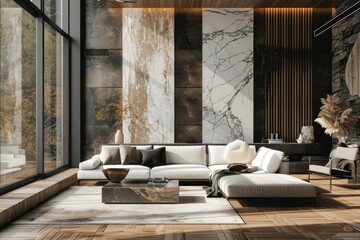Minimalist Luxury Living Room Interior Design with Wooden Floors and Marble Walls