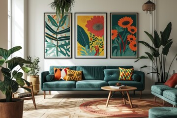 Modern Mid Century Living Room Interior with Teal Sofa and Artwork