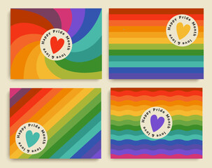 Happy pride month. Set banners for LGBTQ with rainbow and heart. Pride month celebration against violence, descrimination, human rights violation. Equality and self-affirmarmation.Vector illustration.