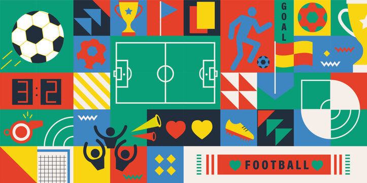 Football 2024 geometric banner.European soccer Championship.Horizontal poster for europe football 2024 in Germany with symbols-ball,triumph cup,field.Vector illustration for social media,card,web