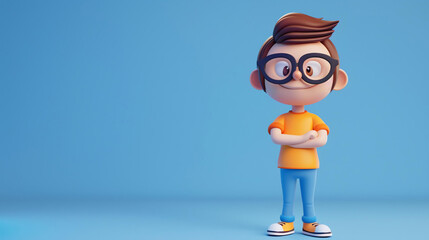 3D rendering of a cute cartoon boy character with glasses, wearing a yellow shirt and blue pants,...