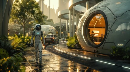 A man in a spacesuit walks down a street in a futuristic city. The buildings are made of glass and metal, and there are cars and a truck in the background. The scene is set in a lush