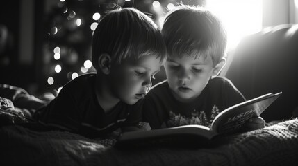 Two young boys engrossed in a book on a cozy bed in front of a beautifully decorated Christmas tree