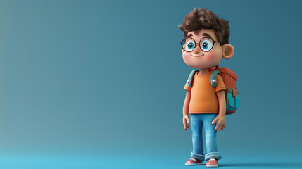 3D rendering of a cute cartoon boy wearing glasses, a backpack, and a casual outfit.