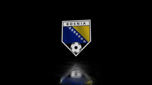 Bosnia and Herzegovina Glitchy Shield Shaped Football or Soccer Badge with a Waving Flag