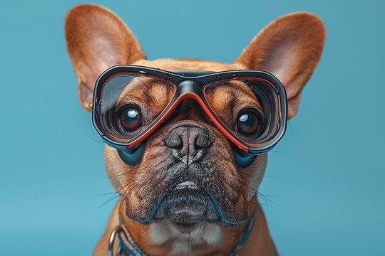 The photo shows a French Bulldog in a diving mask and with a tube on a blue background. The image is modern.