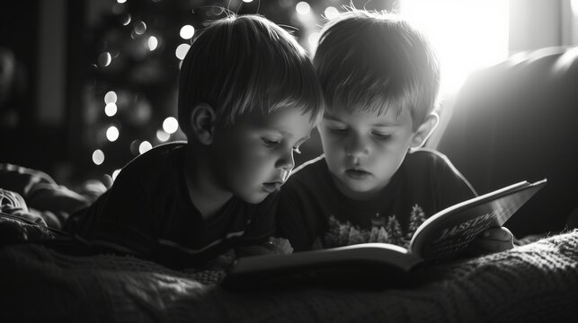 Two young boys engrossed in a book on a cozy bed in front of a beautifully decorated Christmas tree