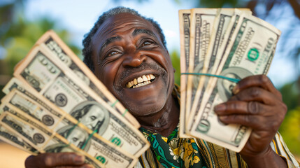 Winning. Donat. Help. Poor old man holding multiple bundles of US dollar bills symbolizing affluence or financial achievement