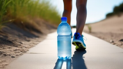 A bottle of water is on the ground next to a person's foot. The bottle is half full and the person is walking on a path