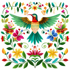a colorful bird surrounded by flowers and leaves