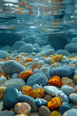 Obraz premium colorful small pebbles under the water. grean, yellow, blue tone. various colors. AI generative