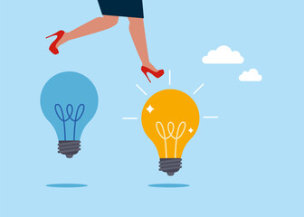 Woman jump from old to new shiny lightbulb idea. Business transformation, change management or transition to better innovative company, improvement. Flat vector illustration - obrazy, fototapety, plakaty