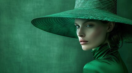 Stylish woman wearing yellow hat with green lips in vintage studio portrait