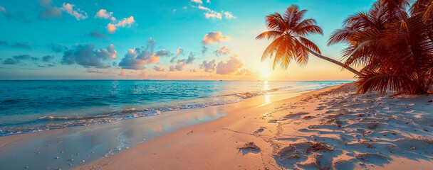 coucher de soleil sur une plage de sable fin et palmiers sur le côté - format panoramique avec espace vide pour bannière web - obrazy, fototapety, plakaty