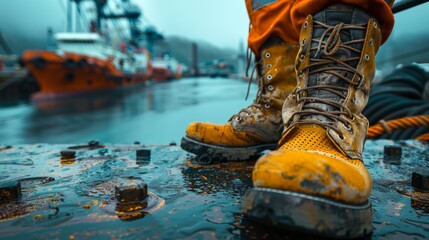 Worker's boots on wet ship deck