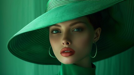 Stylish woman wearing yellow hat with green lips in vintage studio portrait