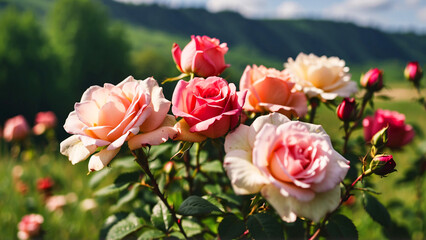 Vibrant roses basking in the sun, showcasing their beautiful colors in a natural setting