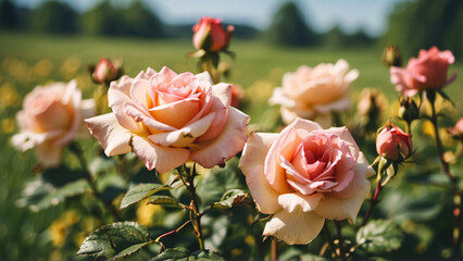 Serene shot of pale pink roses flourishing in a garden, with soft focus on the blossoms against a sunny, natural backdrop