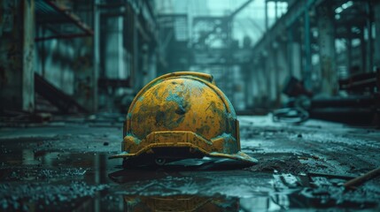 Industrial headgear resting alone suggesting a pause in labor