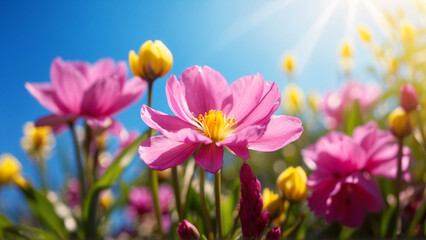 Radiant and lively pink flowers with yellow centers flourish under the warm sunlight against a clear sky