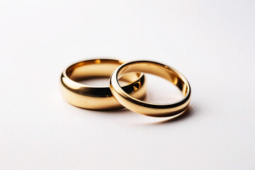 Simple yet elegant pair of gold wedding bands isolated on a white background, representing love and a timeless bond