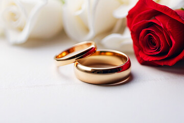 Intimate wedding rings with a single red and white rose, symbolizing pure and passionate love respectively - obrazy, fototapety, plakaty